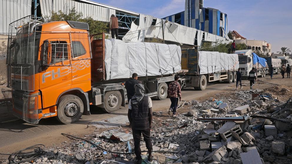 PHOTO: Trucks carrying humanitarian aid arrive in the Gaza Strip via the Kerem Shalom crossing, also known as Karem Abu Salem, Jan. 19, 2025. 