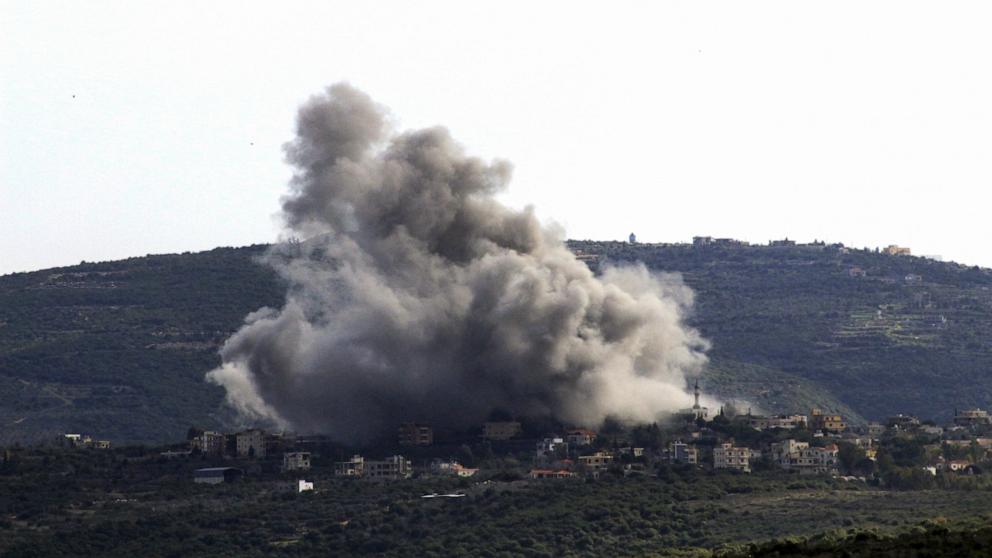PHOTO: Smoke billows over the southern Lebanese village of Shihine on the border with Israel during an Israeli air strike on Jan. 22, 2024.