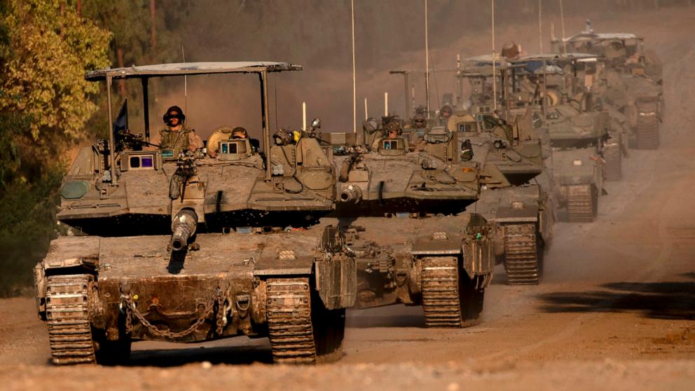 PHOTO: Israeli tanks move along the border with the Gaza Strip before entering into the Gaza Strip, Apr. 10, 2024, in Southern Israel. 