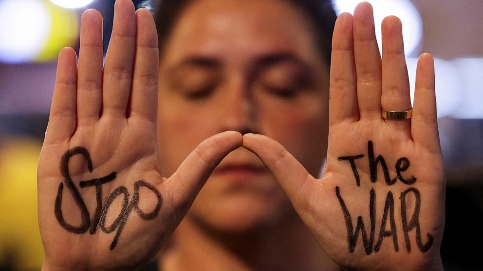 PHOTO: A demonstrator shows her hands, as families and supporters of hostages kidnapped during the deadly October 7, 2023, attack, protest against the government and to demand their immediate release in Tel Aviv, Israel, Oct. 17, 2024. 