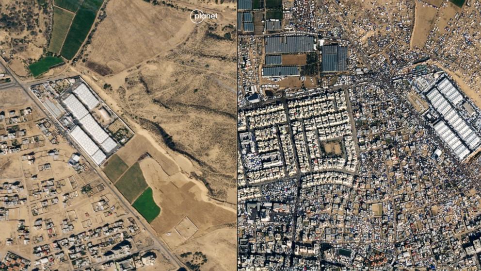 PHOTO: This combination of pictures of the Palestinian governorate of Rafah in the southern Gaza Strip on, Oct. 15, 2023 (L) and the same spot, on Jan. 14, 2024, shows the increase in people four months into the war between Israel and Hamas. 