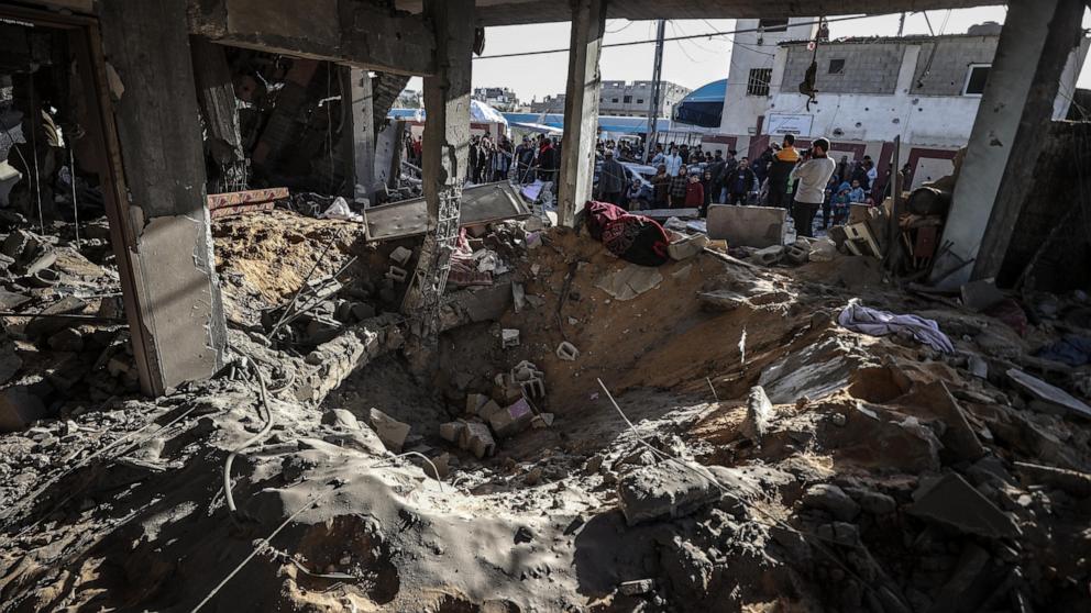 PHOTO: A view of destruction after an Israeli airstrike targeted a house near Al-Aqsa Martyrs Hospital in the city of Deir al-Balah, Gaza, Jan. 10, 2024. At least 40 Palestinians were killed and injured. 