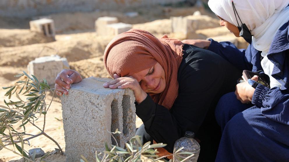 PHOTO: A Palestinian woman reacts at the grave of her son killed in an Israeli strike, amid the ongoing conflict between Israel and the Palestinian Islamist group Hamas, in Khan Younis in the southern Gaza Strip, Jan. 18, 2024. 