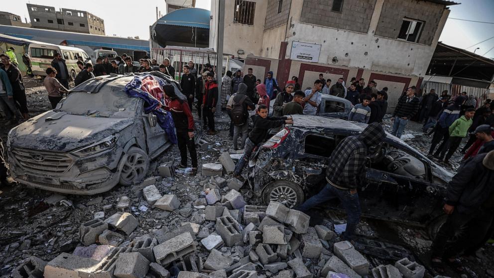 PHOTO: A view of destruction after an Israeli airstrike targeted a house near Al-Aqsa Martyrs Hospital in the city of Deir al-Balah, Gaza, Jan. 10, 2024. At least 40 Palestinians were killed and injured. 