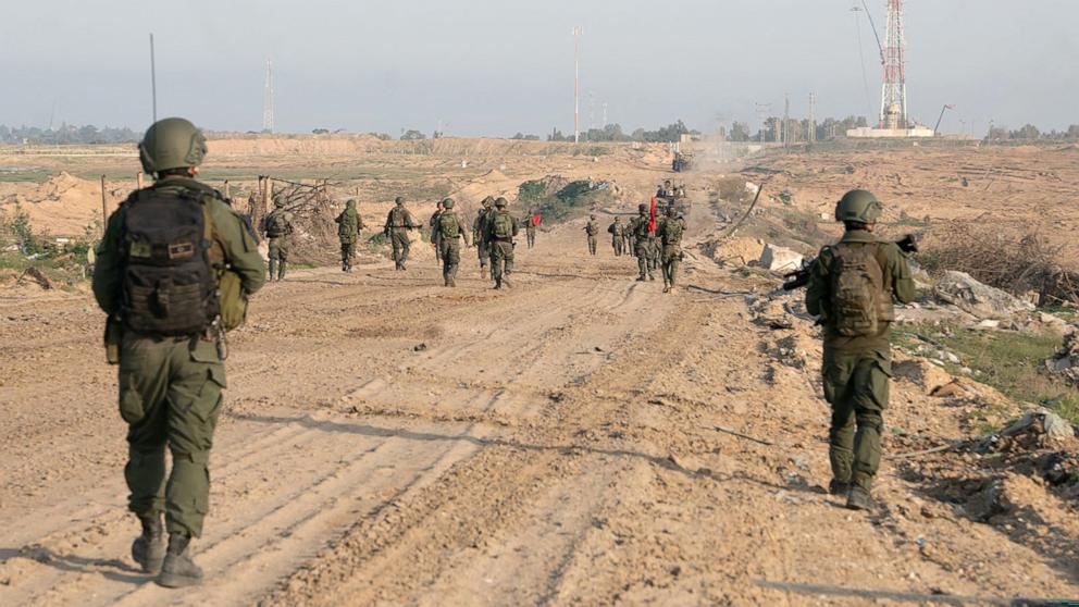 PHOTO: Israeli army soldiers patrol at an unspecified location in the Gaza Strip amid ongoing battles between Israel and the Palestinian militant group Hamas, Feb. 23, 2024.