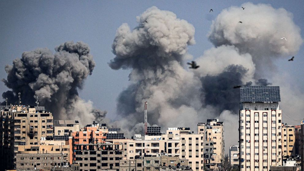 PHOTO: Smoke plumes billow during Israeli air strikes in Gaza City on Oct. 12, 2023.