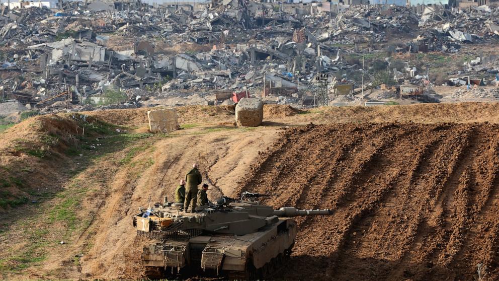 PHOTO: An Israeli battle tank is positioned along the border with the Gaza Strip in southern Israel, Jan. 17, 2024, amid the ongoing battles between Israel and the Palestinian militant group Hamas. 