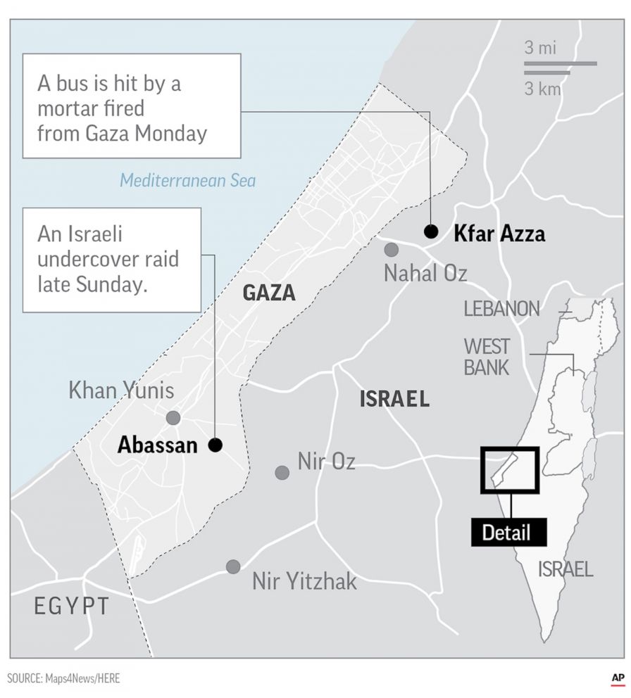 PHOTO: A map shows the locations of an Israel raid late on Sunday and a bus hit by a mortar fired from Gaza on Monday.