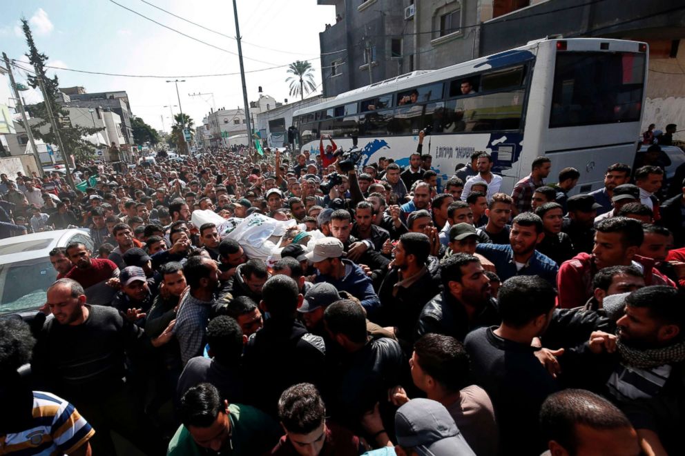 PHOTO: Mourners carry the body of Nour Baraka, a commander in the Islamist movement Hamas' military wing and one of the Palestinians killed during an Israeli special forces operation in the Gaza Strip, during his funeral on Nov. 12, 2018, in Khan Younis.