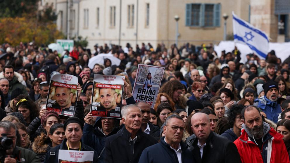PHOTO: Demonstrators attend a 24-hour protest, calling for the release of Israeli hostages in Gaza and marking 100 days since the Oct. 7 attack by Hamas, amid the ongoing conflict between Israel and Hamas, in Jerusalem, Jan. 14, 2024. 
