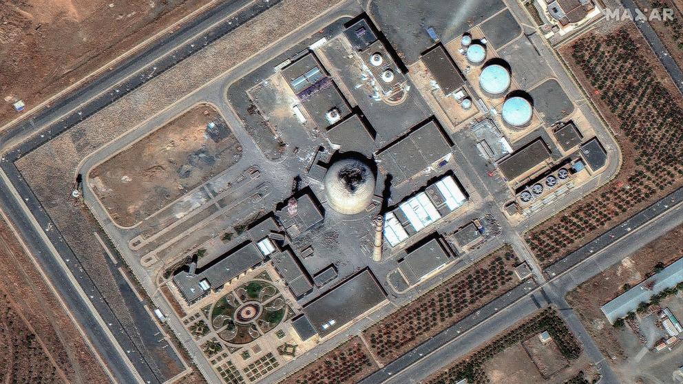 PHOTO: This handout satellite image released by Maxar Technologies taken on June 19, 2025, shows damage to the Arak heavy water reactor facility in central Iran, after an Israeli strike. 