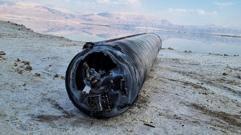 PHOTO: A ballistic missile lies on the shore of the Dead Sea, after Iran launched drones and missiles towards Israel, Apr. 14, 2024.