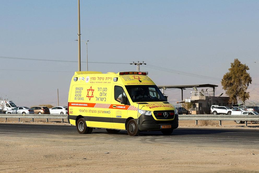 PHOTO: An Israeli ambulance attends the scene of a fatal shooting at the Allenby Crossing between the Israeli-Occupied West Bank and Jordan, Sept. 18, 2025.