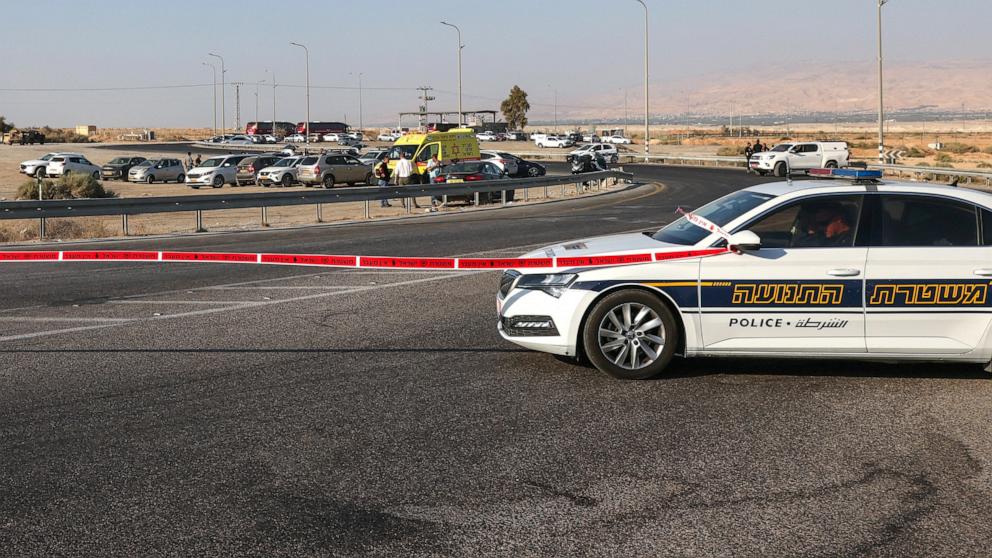 PHOTO: Israeli security forces close off a road leading to the King Hussein (Allenby) bridge, the main border crossing between the Israel-occupied West Bank and Jordan, followiong a shooting attack on Sept. 18, 2025.