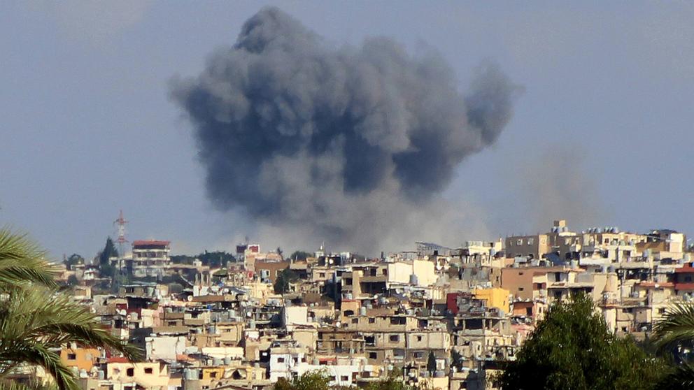 PHOTO: In a picture taken from Lebanon's southern city of Tyre shows a smoke plume erupting following an Israeli air strike on the village of Tayrdebba, Oct. 16, 2024.