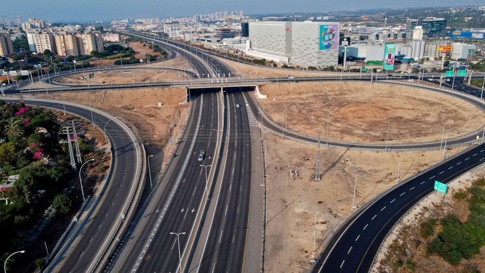 PHOTO: A aerial view taken in the Israeli Mediterranean city of Netanya, shows an empty road after the authorities imposed a series of new measures meant to curb the spread of the novel coronavirus, on Sept. 18, 2020.