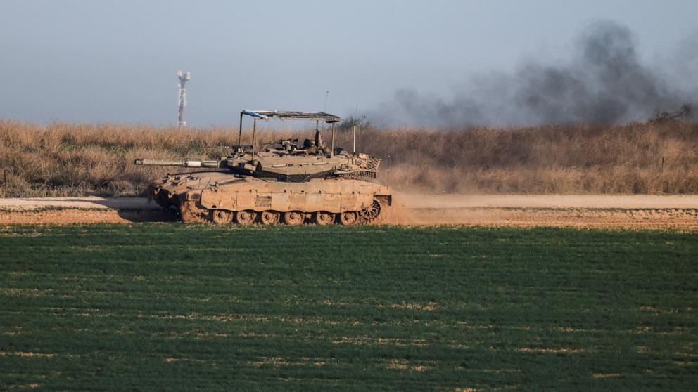 PHOTO: An Israeli tank patrols on the Israeli side of the Israel-Gaza border, before a ceasefire deal between Israel and Hamas goes into effect, in Israel, Jan. 19, 2025.