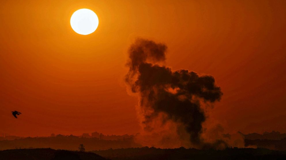 PHOTO: A picture taken from the southern Israeli side of the border with the Gaza Strip, Oct. 15, 2023, shows smoke billowing after Israeli bombardment of an area in the Palestinian enclave.