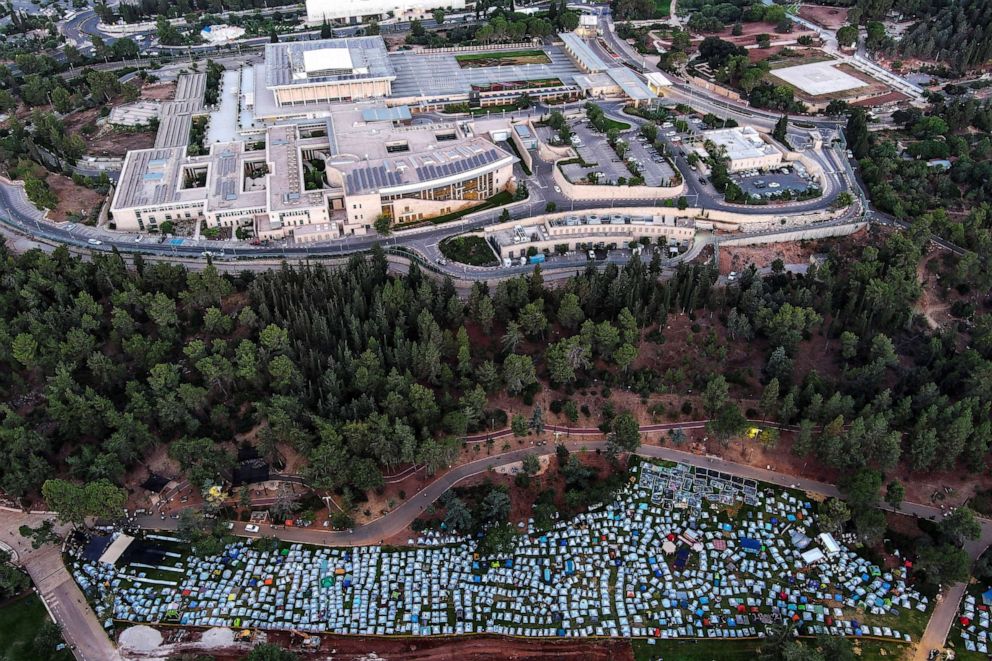 PHOTO: An aerial view shows tents erected in demonstration against Israeli Prime Minister Benjamin Netanyahu and his nationalist coalition government's judicial overhaul near the Knesset, Israel's parliament, in Jerusalem July 24, 2023.