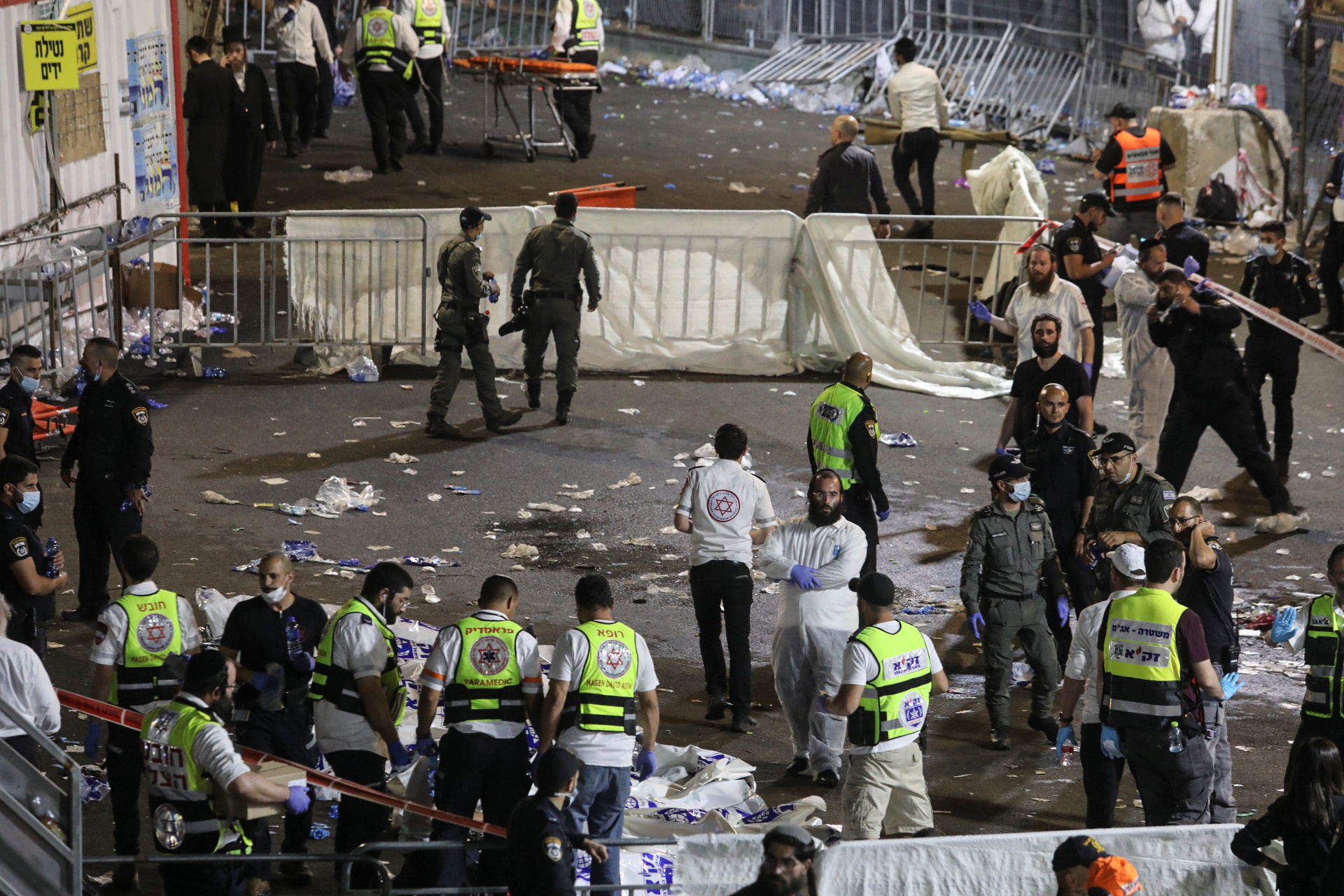 PHOTO: Medics and rescue workers attend to the Lag B'Omer event in Mount Meron, northern Israel, where fatalities were reported among thousands of ultra-Orthodox Jews gathered at the tomb of a 2nd-century sage for annual commemorations, April 30, 2021.