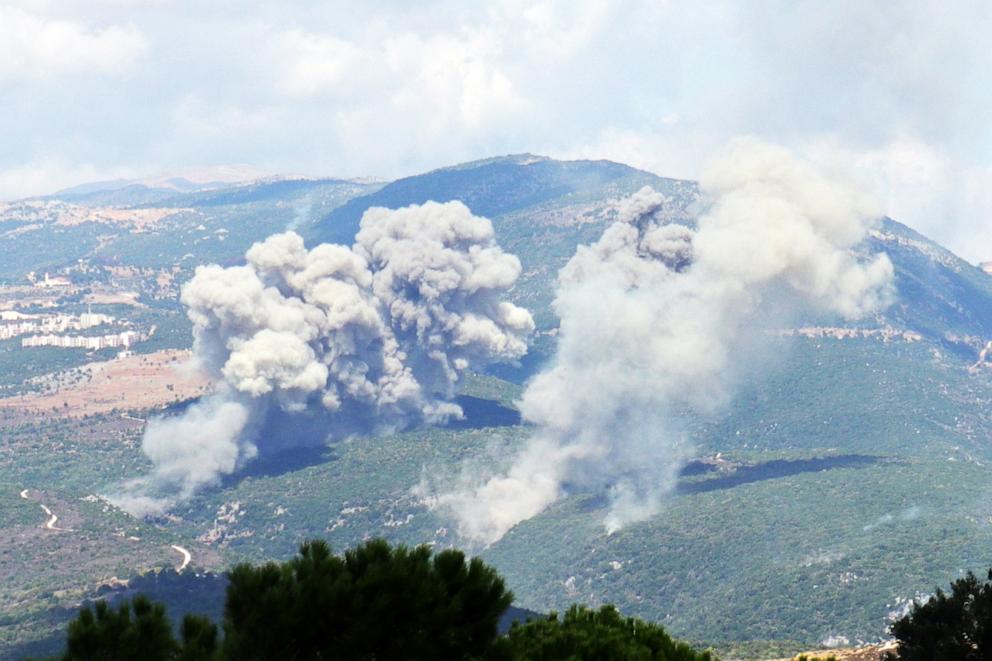 PHOTO: Smoke billows from the site of an Israeli airstrike that targeted southern Lebanese area, as seen fron Marjaayoun, southern Lebanon, on Sept. 21, 2024. 