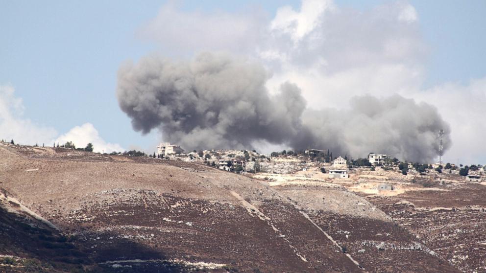 PHOTO: This photo shows the smoke caused by an Israeli air raid targeting the heights of Jabal al-Dahr, surrounding the town of Hasbaya, Lebanon, on Sept. 21, 2024.