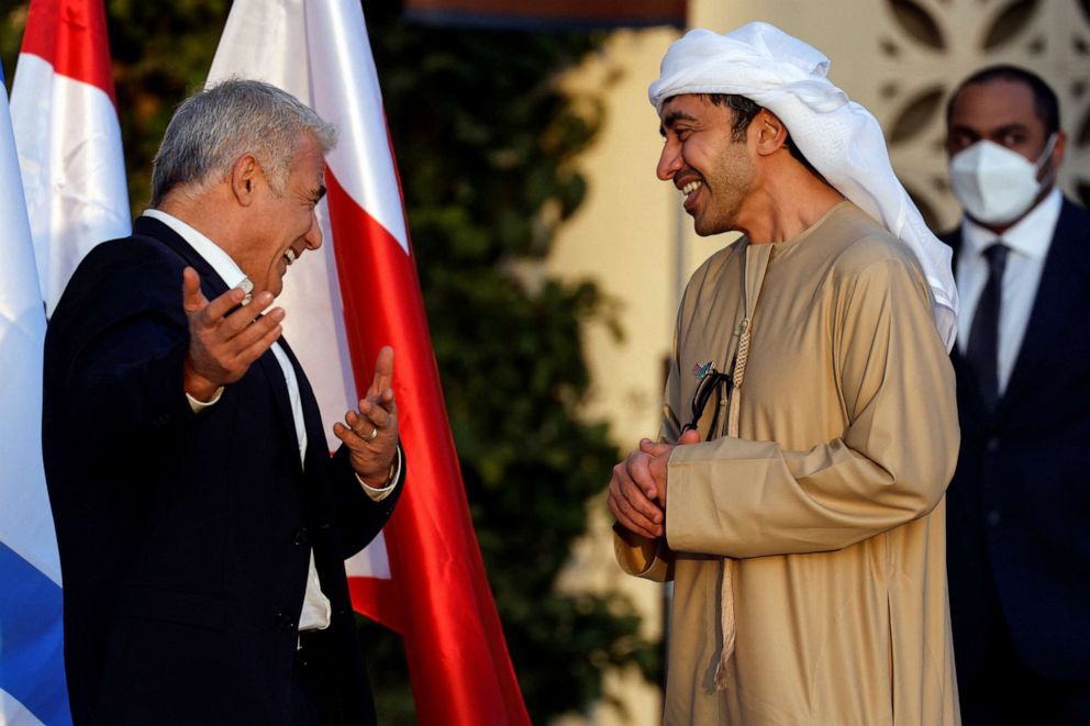 PHOTO: Israel's Foreign Minister Yair Lapid greets his UAE counterpart, Sheikh Abdullah bin Zayed Al Nahyan, as he hosts the Negev summit in Sde Boker, Israel, March 27, 2022.