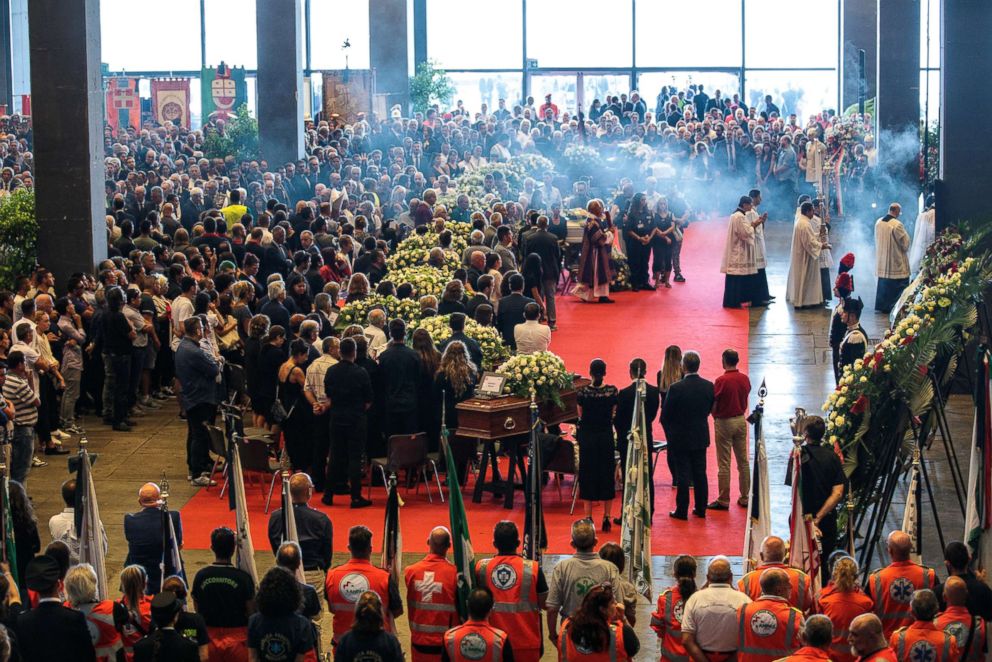 PHOTO: A State funeral service is held for the victims of the Morandi Bridge disaster at the Fiera di Genova exhibition center on Aug. 18, 2018 in Genoa, Italy.