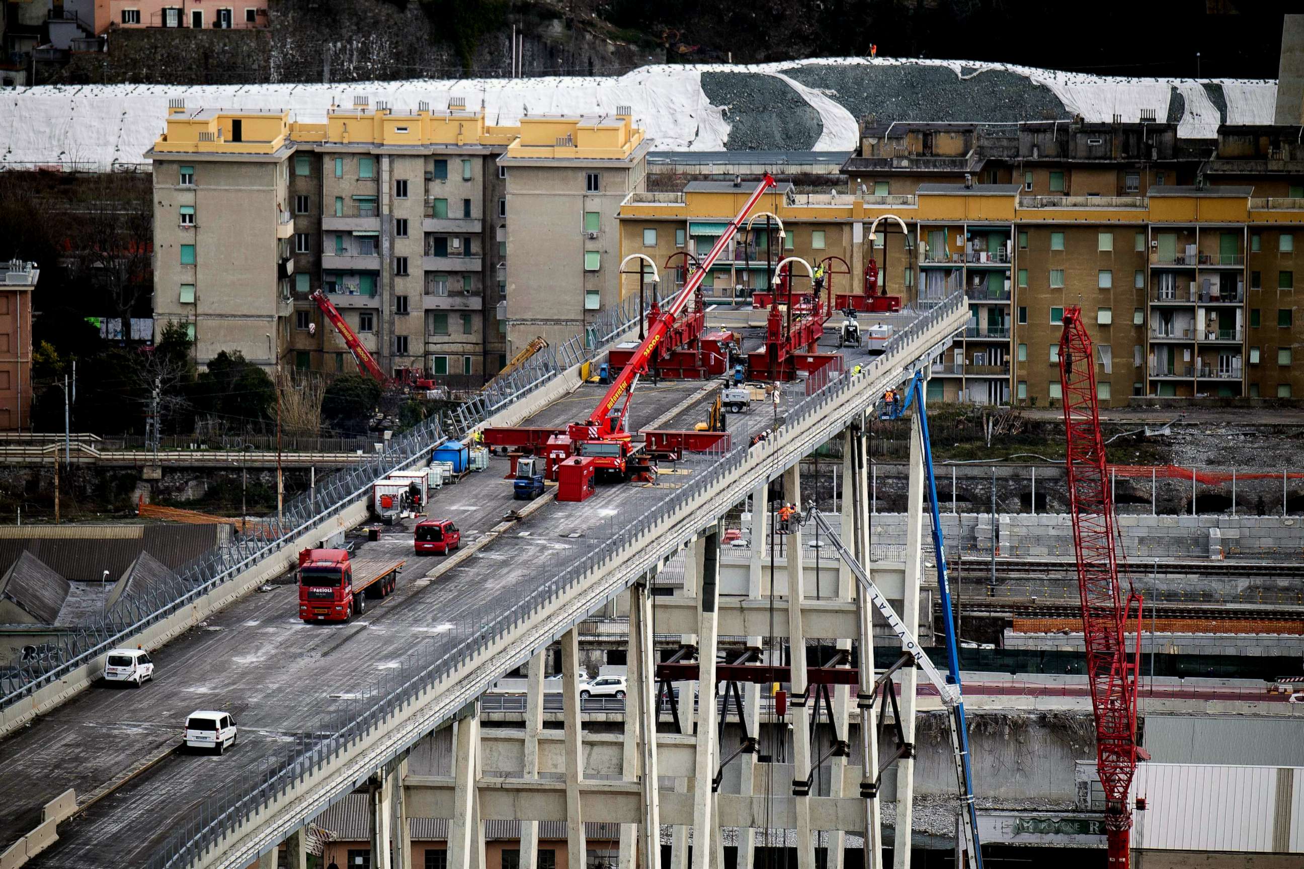 PHOTO: A view of demolition work on the Morandi bridge in Genoa, Italy, Feb. 8, 2019. 