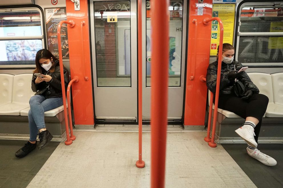 PHOTO: People wear face masks on the train on March 10, 2020, Milan, Italy.