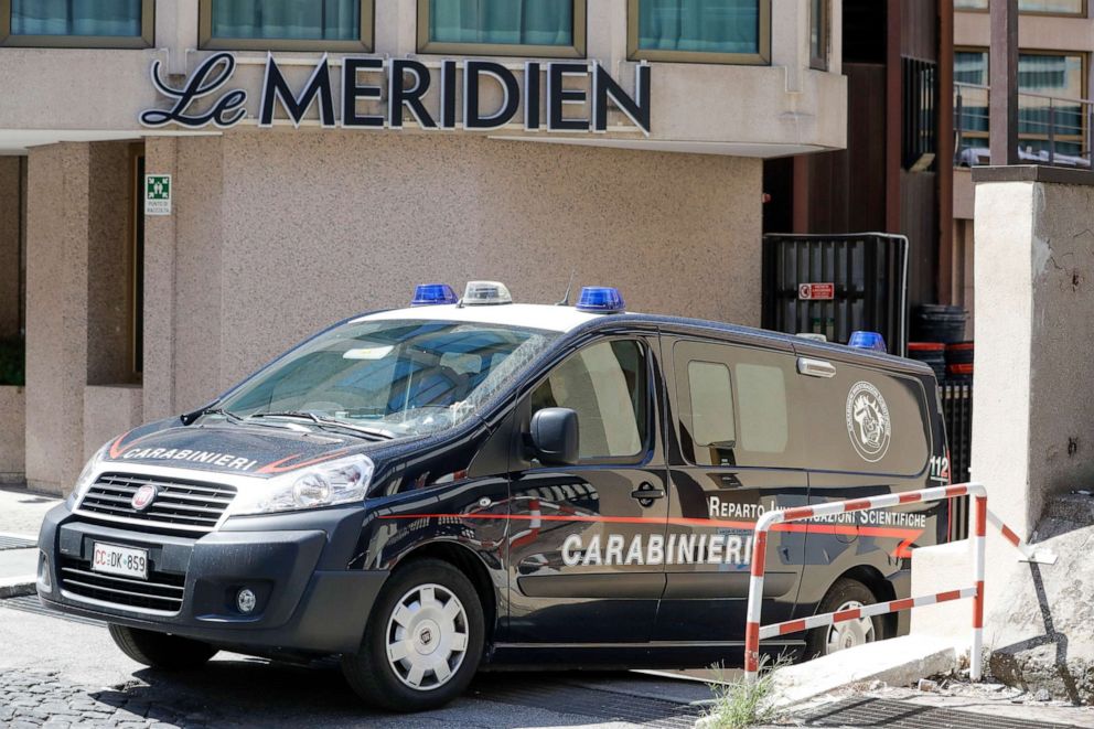 PHOTO: Forensic police officers leave aboard their vehicle the hotel where two American teenagers were arrested hours after police officer Mario Cerciello Rega, 35, was stabbed death, in Rome, Aug. 6, 2019.