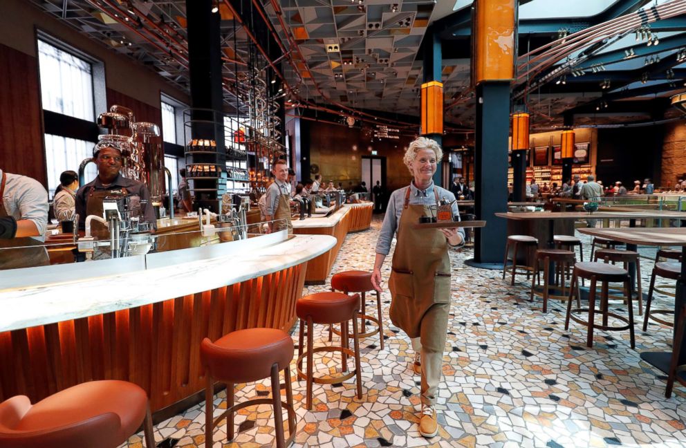 PHOTO: Employees are seen inside the new Starbucks Reserve Roastery flagship in downtown Milan, Sept. 4, 2018.