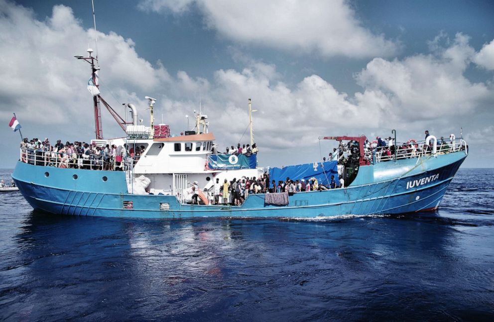 PHOTO: German rescue boat, the Iuventa, in the Mediterranean sea with rescued migrants.