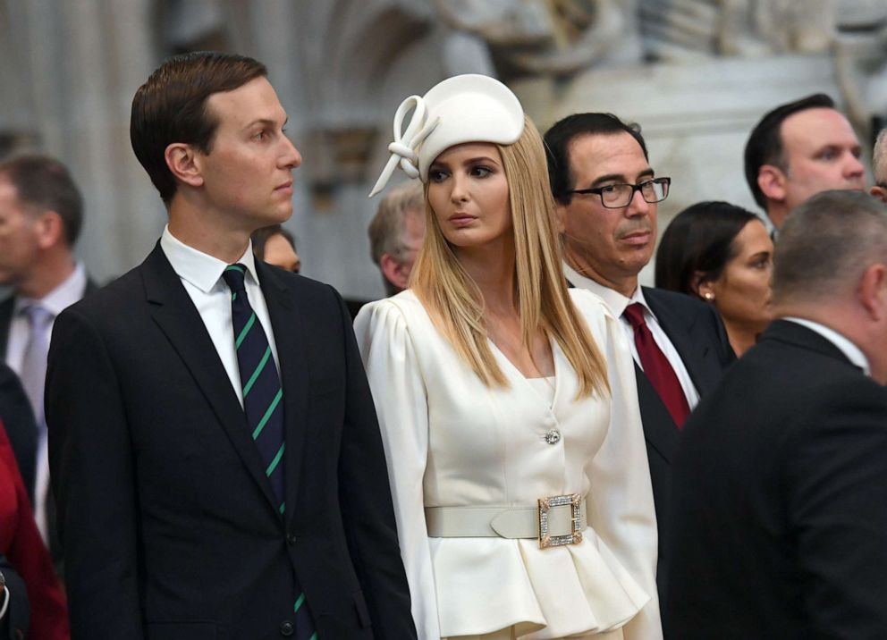 PHOTO: Ivanka Trump and Jared Kushner look on as President Donald Trump, places a wreath on the Grave of the Unknown Warrior during a visit to Westminster Abbey, June 3, 2019, in London.