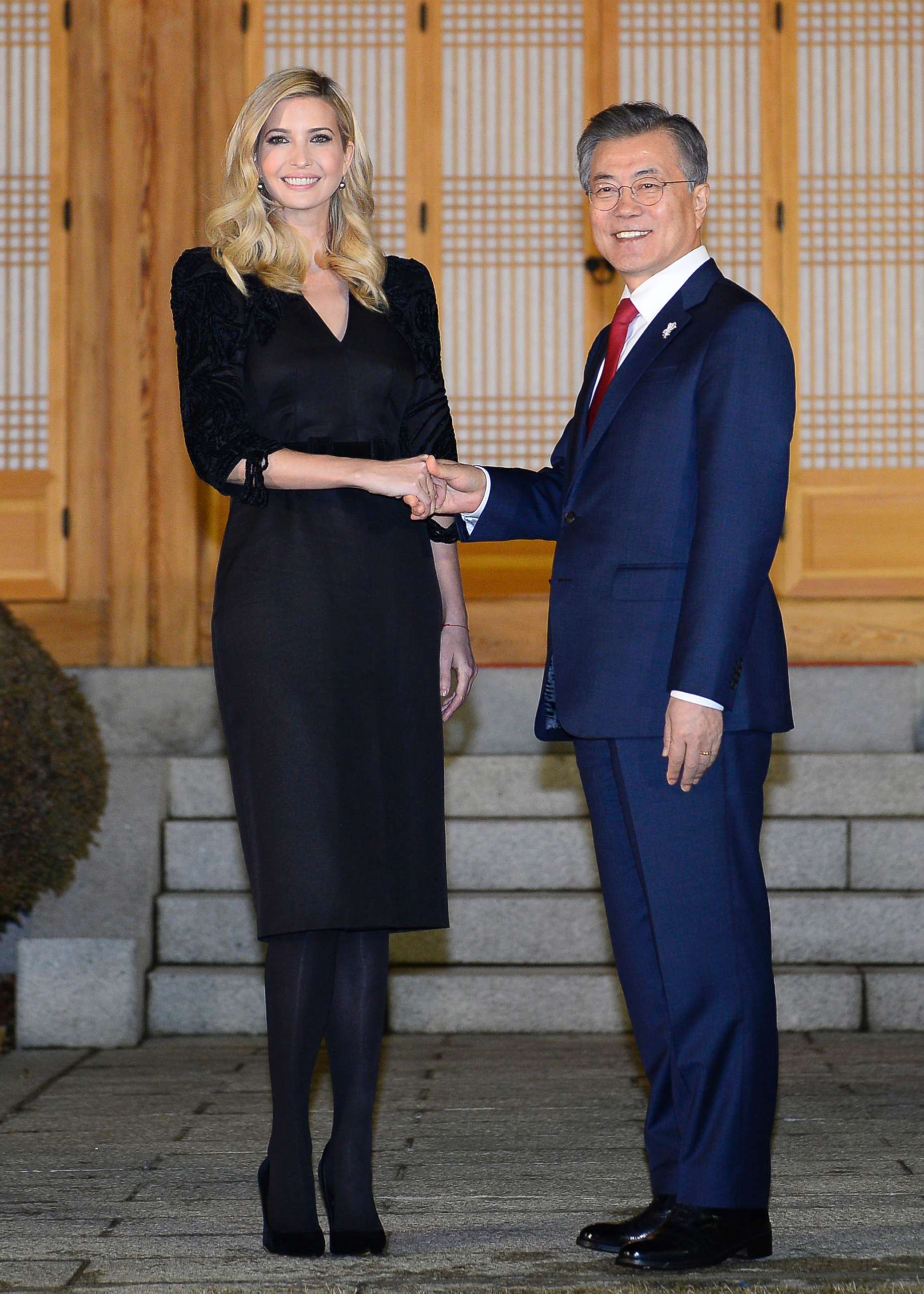 PHOTO: Ivanka Trump shakes hands with  South Korean President Moon Jae-in during their dinner at the Presidential Blue House, Feb. 23, 2018, in Seoul, South Korea.