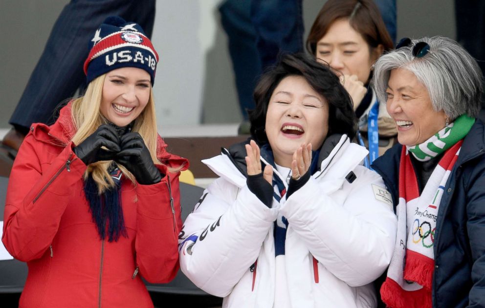 PHOTO: Ivanka Trump, left, flashes the heart sign next to South Korea's first lady Kim Jung-sook and South Korean Foreign Minister Kang Kyung-wha as they watch the men's snowboard big air finals, Feb. 24, 2018.