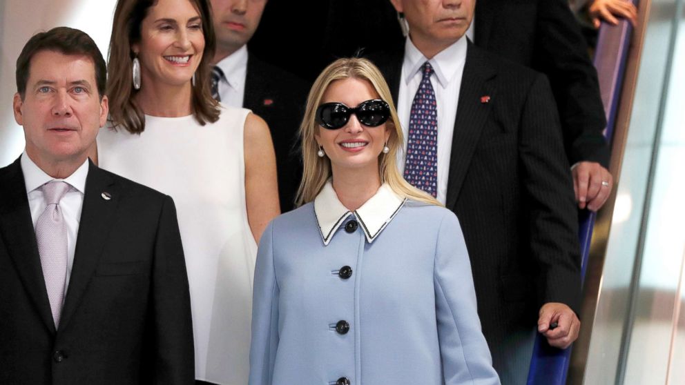 PHOTO: Ivanka Trump, advisor to President Donald Trump, is escorted by U.S. Ambassador to Japan William Hagerty (L) and his wife Chrissy upon her arrival at Narita International Airport, east of Tokyo, Nov. 2, 2017.  