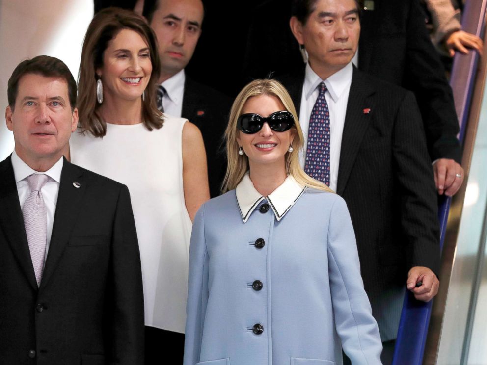 PHOTO: Ivanka Trump, advisor to President Donald Trump, is escorted by U.S. Ambassador to Japan William Hagerty (L) and his wife Chrissy upon her arrival at Narita International Airport, east of Tokyo, Nov. 2, 2017.