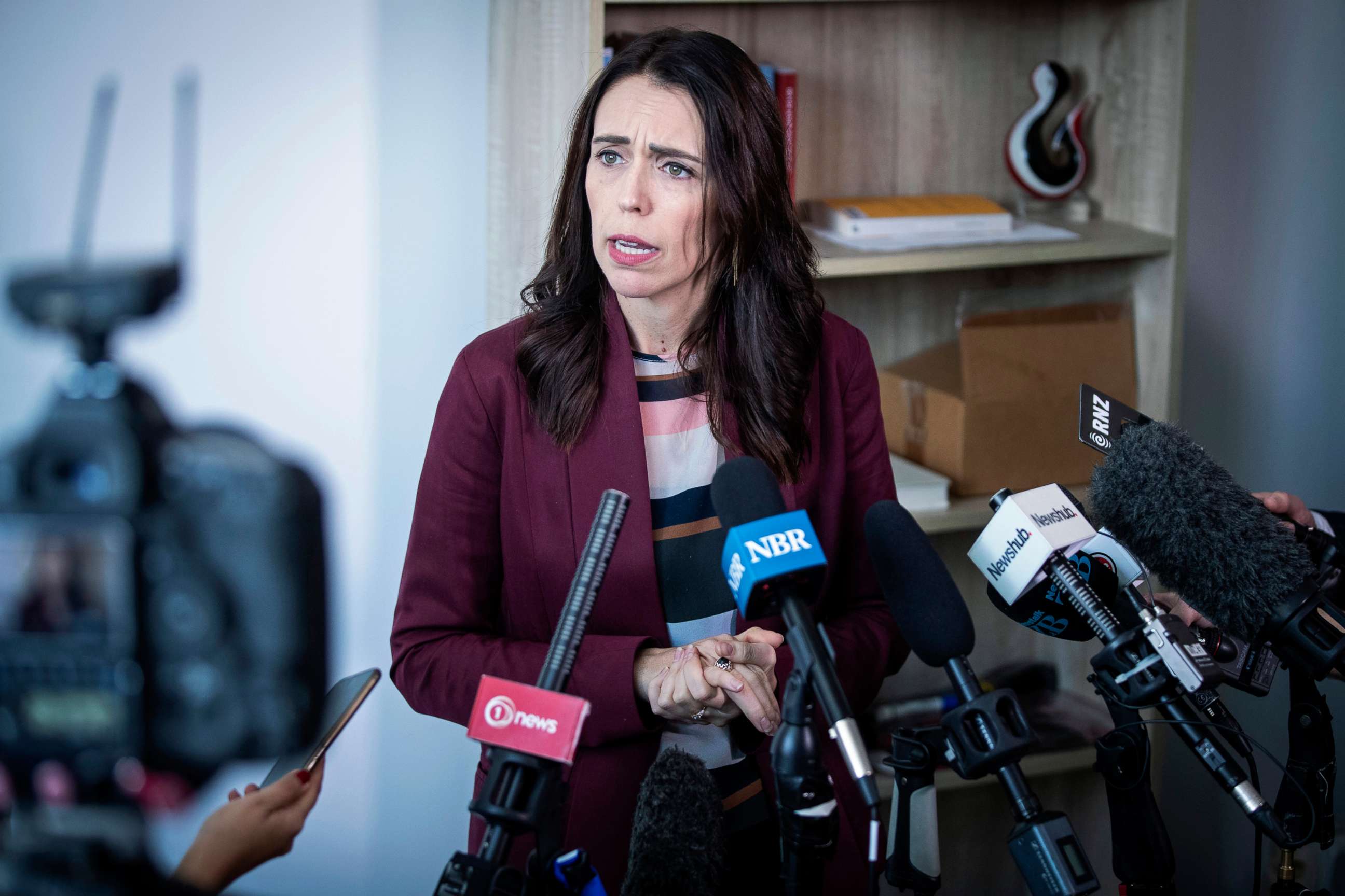 PHOTO: New Zealand Prime Minister Jacinda Ardern speaks to media at her electorate office in Aukland, April 24, 2019.