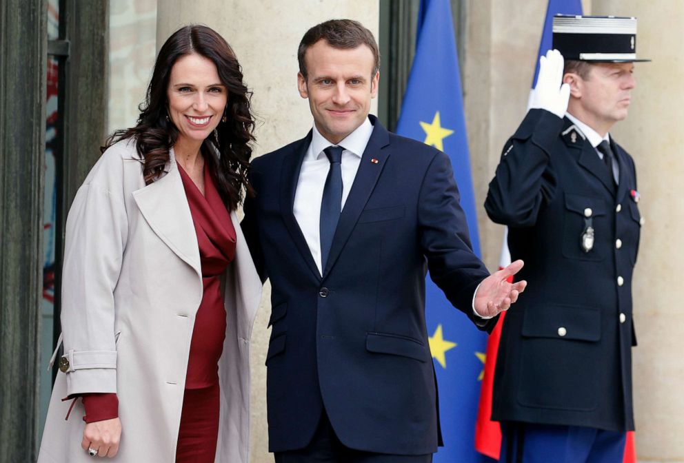 PHOTO: French President Emmanuel Macron welcomes New Zealand's Prime Minister 
Jacinda Ardern prior to their meeting at the Elysee Palace on April 16, 2018, in Paris.