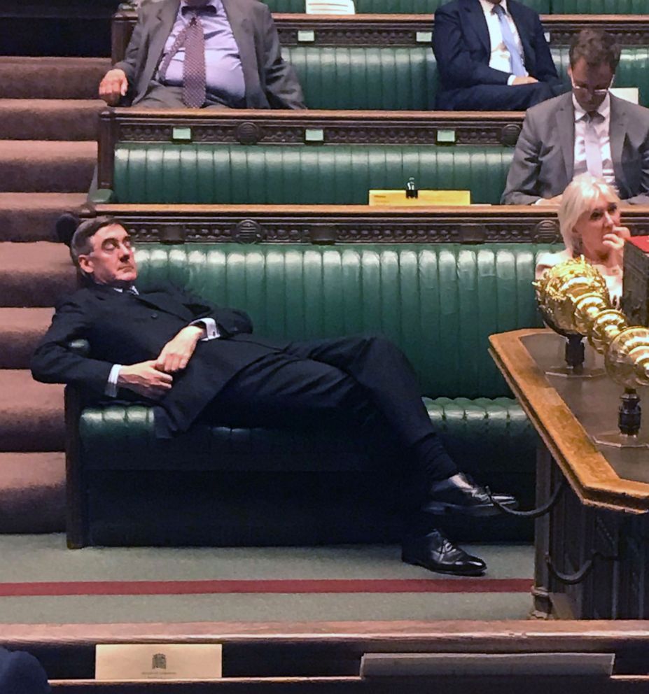 PHOTO: Britain's Leader of the House of Commons Jacob Rees-Mogg relaxing on the front benches during the Standing Order 24 emergency debate on a no-deal Brexit in the House of Commons in London, Sept. 3, 2019.