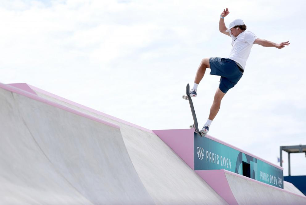 PHOTO: Jagger Eaton of Team United States trains during a Skateboarding Training Session at La Concorde ahead of the Paris 2024 Olympic Games on July 25, 2024 in Paris, France.