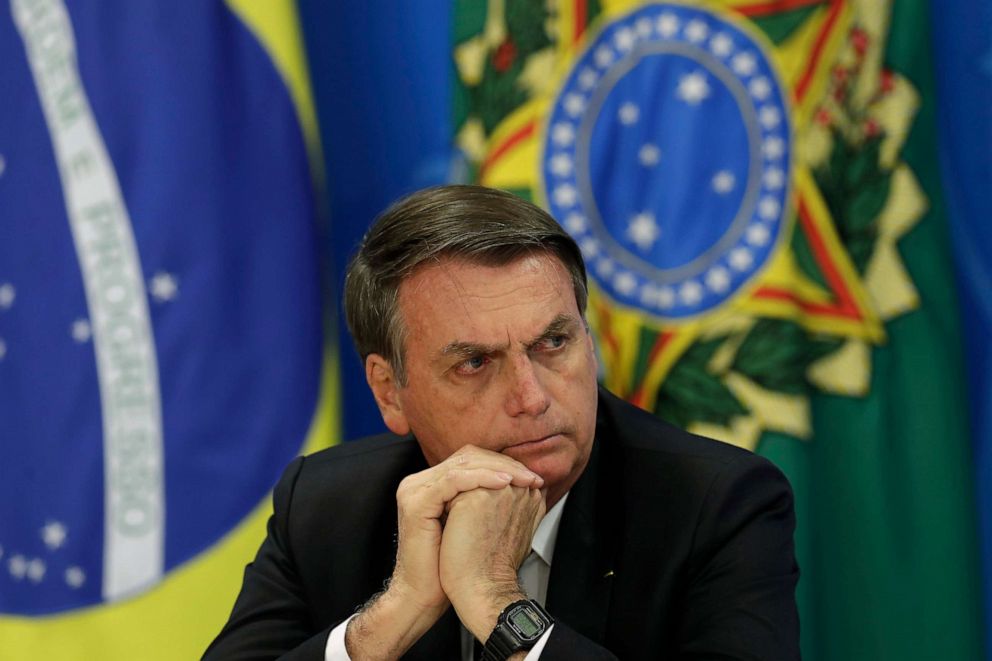 PHOTO: Brazil's President Jair Bolsonaro holds a press conference at the Planalto presidential palace in Brasilia, Brazil, Aug. 1, 2019.