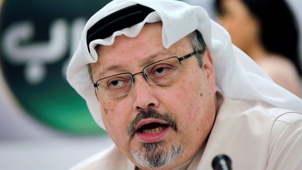 PHOTO: In this Dec. 15, 2014, file photo, Saudi journalist Jamal Khashoggi speaks during a news conference in Manama, Bahrain. A court in Saudi Arabia on Monday sentenced five people to death for the killing of the Washington Post columnist.