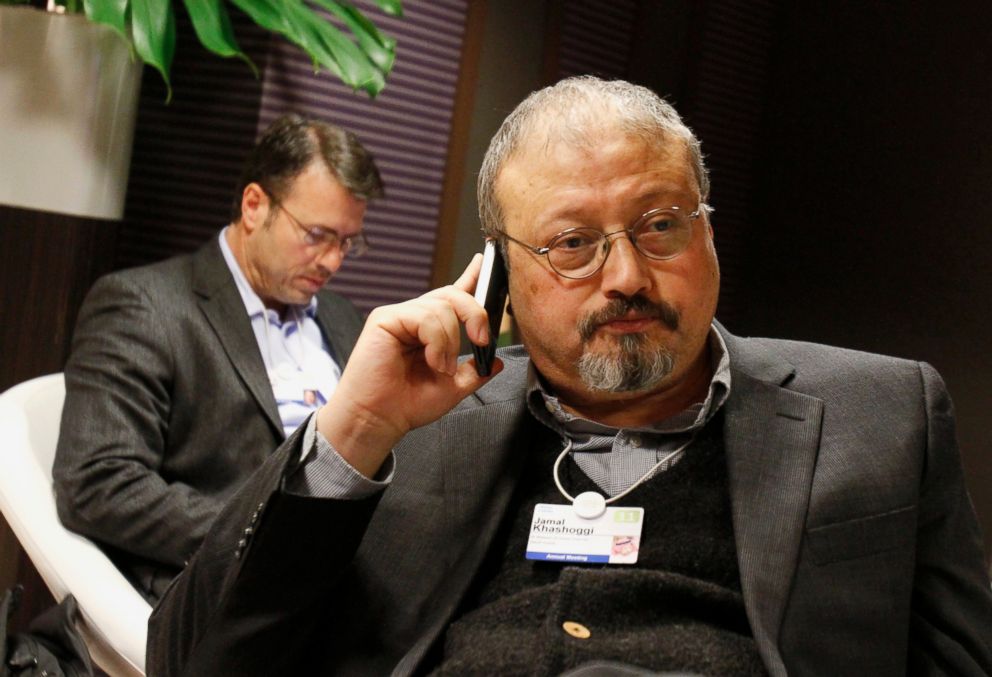 PHOTO: In this Jan. 29, 2011 file photo, Saudi journalist Jamal Khashoggi speaks on his cellphone at the World Economic Forum in Davos, Switzerland.