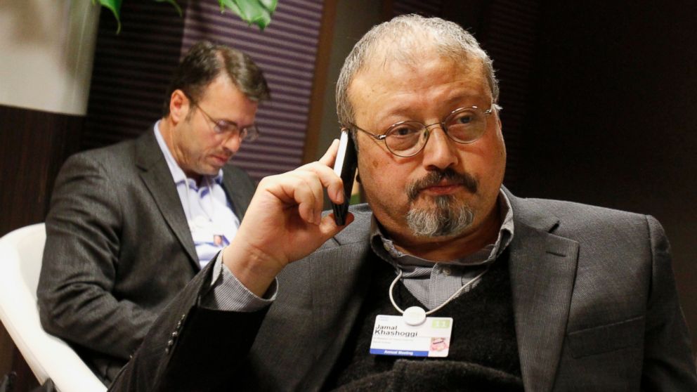 PHOTO: In this Jan. 29, 2011 file photo, Saudi journalist Jamal Khashoggi speaks on his cellphone at the World Economic Forum in Davos, Switzerland.