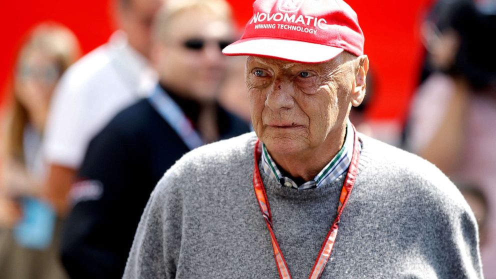 PHOTO: In this July 7, 2018, file photo former Formula One World Champion Niki Lauda of Austria walks in the paddock before the third free practice at the Silverstone racetrack, Silverstone, England.
