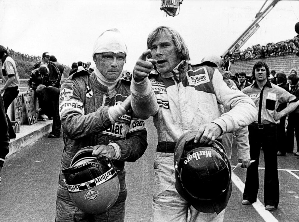 PHOTO: Racing drivers Niki Lauda (left) and James Hunt  after both were involved in a multiple collision and forced to retire at the start of the Belgian Grand Prix , Belgium, May 21, 1978.