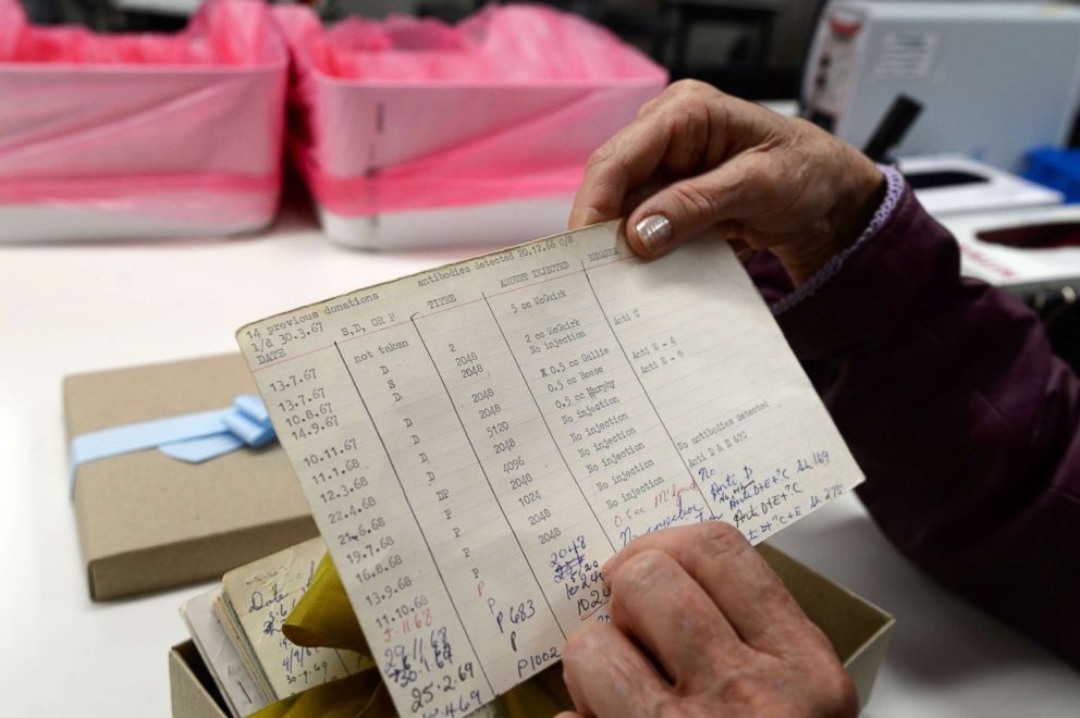 PHOTO: James Harrison holds the documents of his first blood donation in Dec. 1966 in his hand prior to his last blood donation, May 11, 2018, in Sydney.