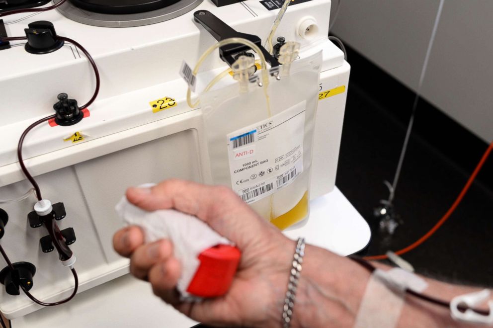 PHOTO: James Harrison's blood plasma with high levels of Anti-D antibodies accumulates in a blood bag, May 11, 2018, in Sydney.